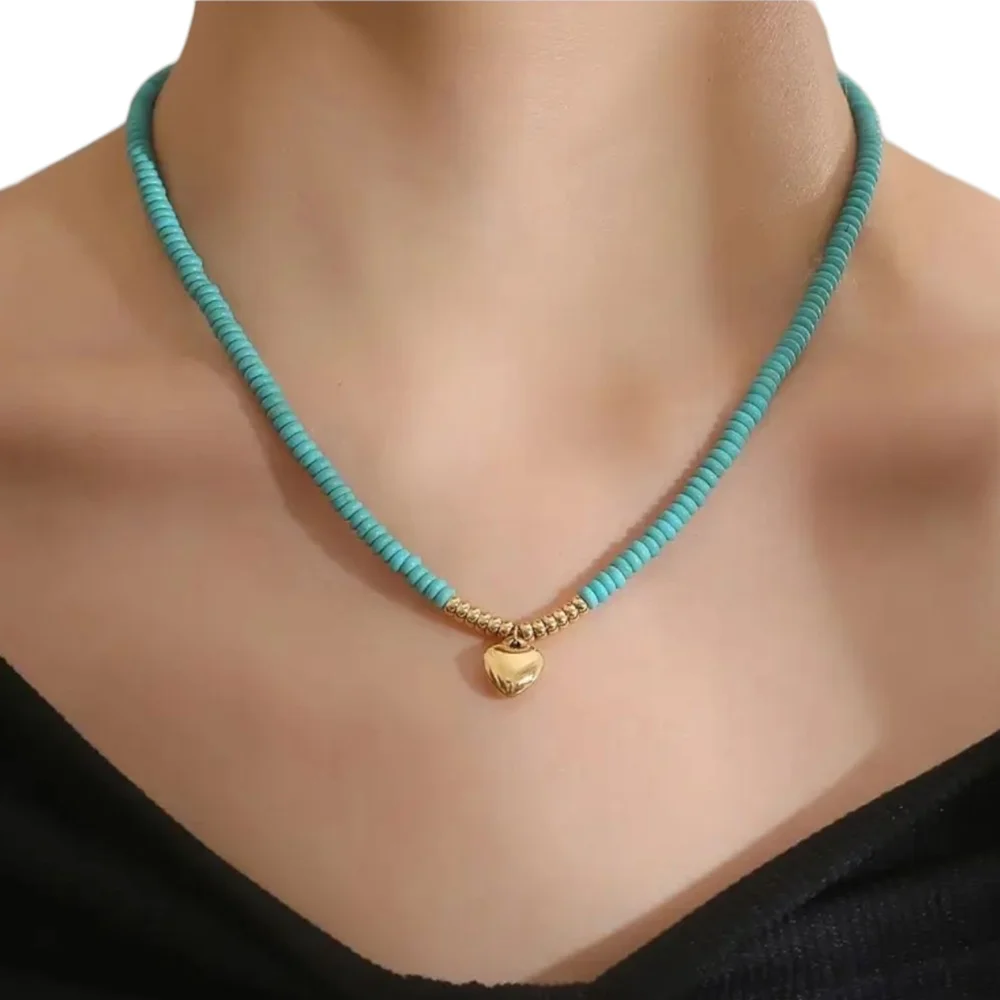 Handmade Heart Turquoise Beaded Necklace Y2K Vintage Retro Jewelry Gold - Picture 1 of 2